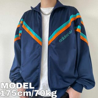 アディダス(adidas)の90s アディダス ロゴトラックジャケット 2XL ネイビー 紺 オレンジ 緑(ジャージ)