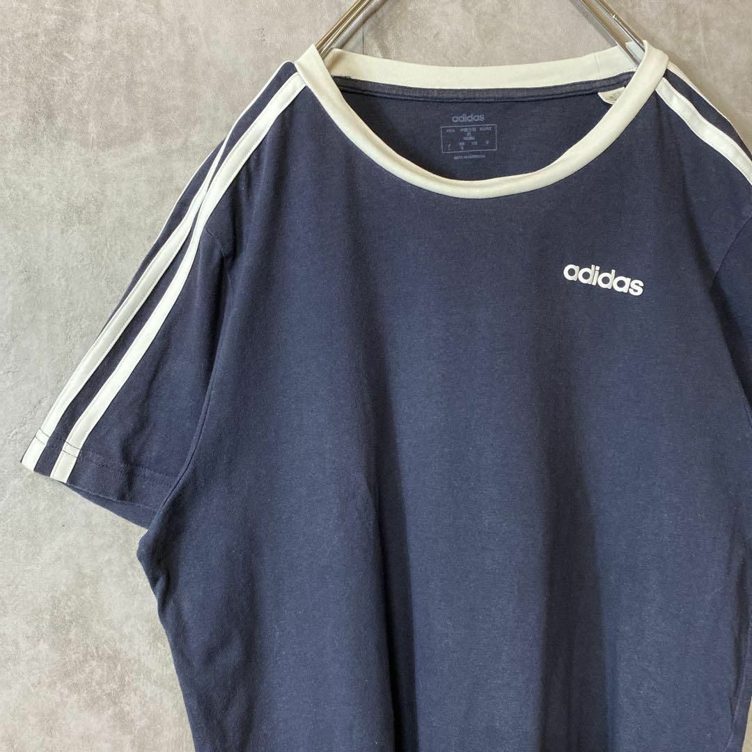 【人気リンガーTシャツ】adidasワンポイント刺繍ロゴ古着ストライプsk8紺