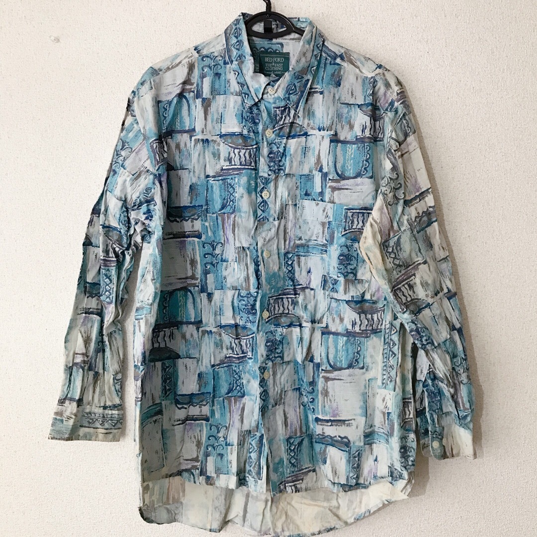 vintage BED FORD オーバーサイズ シャツ 長袖 アート柄 水色 メンズのトップス(シャツ)の商品写真