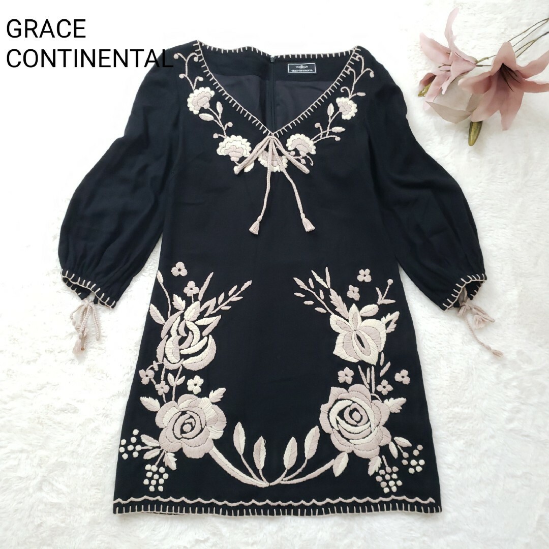 GRACE CONTINENTAL(グレースコンチネンタル)の美品Grace Continental花刺繍ワンピース 36サイズ レディースのワンピース(ひざ丈ワンピース)の商品写真