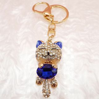 ねこ スマイル ラインストーン バッグチャーム キーホルダー ブルー 訳あり(キーホルダー)