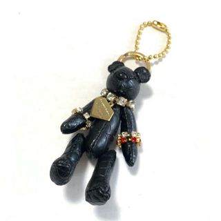 LEATHER JEWELS(レザージュエルズ) キーホルダー(チャーム) - 黒×ゴールド×マルチ クマ/ビジュー クロコダイル×金属素材(キーホルダー)