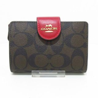 コーチ(COACH)のCOACH(コーチ) 2つ折り財布美品  ラグジュアリーシグネチャーPVCレザーミディアムコーナージップウォレット C0082 ダークブラウン×黒×レッド PVC(塩化ビニール)×レザー(財布)