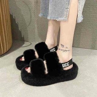 アグ(UGG)のファーサンダル レディース 24cm 厚底 ブラック(サンダル)