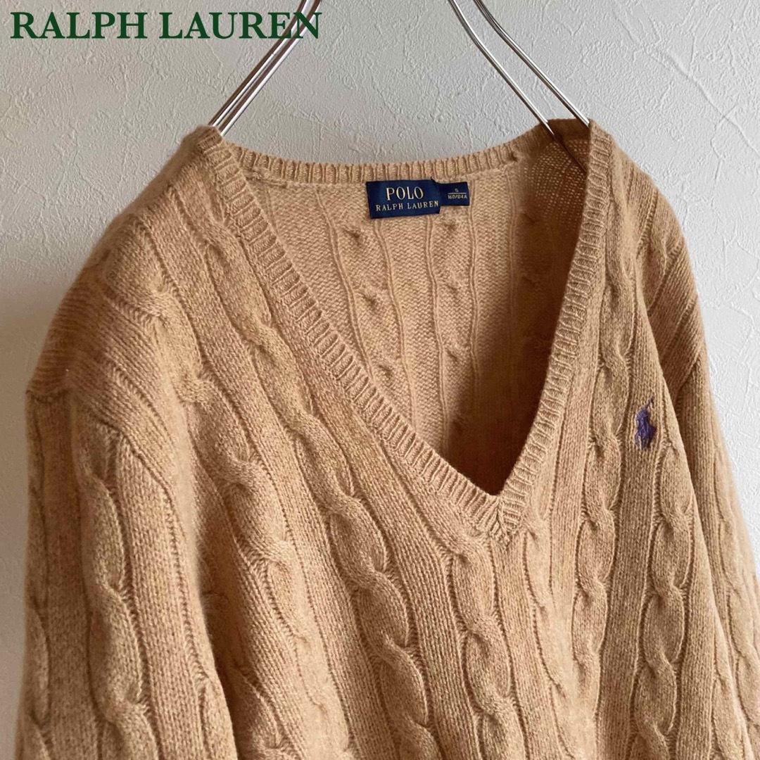 Ralph Lauren(ラルフローレン)のポロ ラルフローレン ウール カシミヤ Vネック ケーブル ニット S キャメル レディースのトップス(ニット/セーター)の商品写真