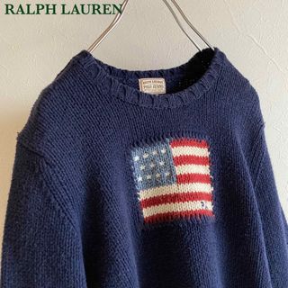 ラルフローレン(Ralph Lauren)のポロジーンズ ラルフローレン 星条旗 ロゴ コットン ニット 紺 ネイビー(ニット/セーター)