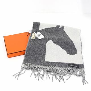 エルメス(Hermes)のエルメス マフラー ラブストーリー カシミヤ100％ グリ・クレール/イヴォワール グレー/アイボリー系 馬 未使用品(バンダナ/スカーフ)