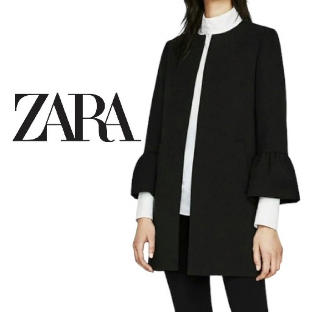 ZARA(ザラ)のZARA WOMAN ザラ ベルスリーブ フリル ノーカラー ジャケット コート レディースのジャケット/アウター(ロングコート)の商品写真