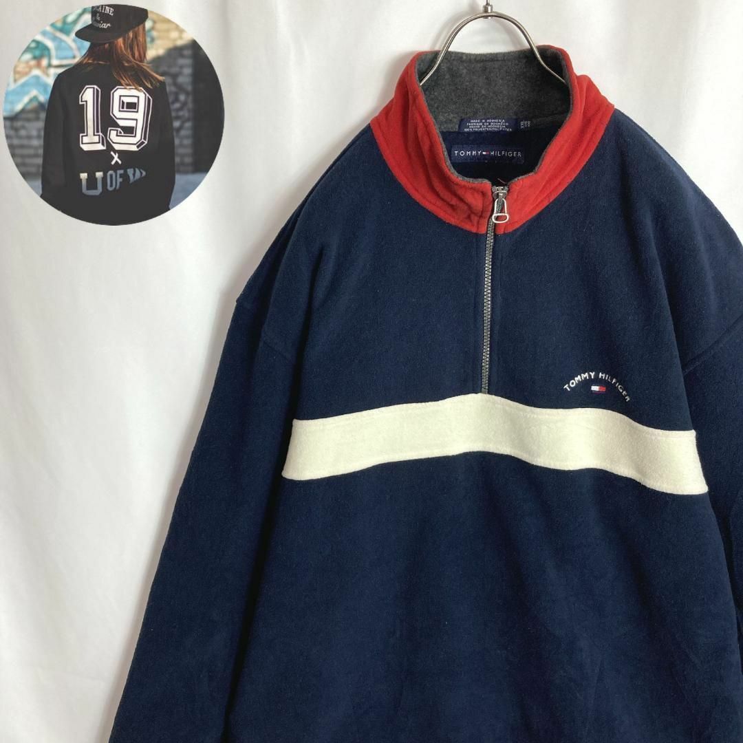 TOMMY HILFIGER(トミーヒルフィガー)の古着トミーヒルフィガー ハーフジップトレーナー 刺繍ロゴ ボーダーネイビー2XL メンズのトップス(スウェット)の商品写真