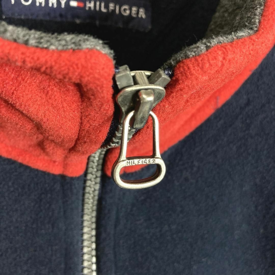 TOMMY HILFIGER(トミーヒルフィガー)の古着トミーヒルフィガー ハーフジップトレーナー 刺繍ロゴ ボーダーネイビー2XL メンズのトップス(スウェット)の商品写真