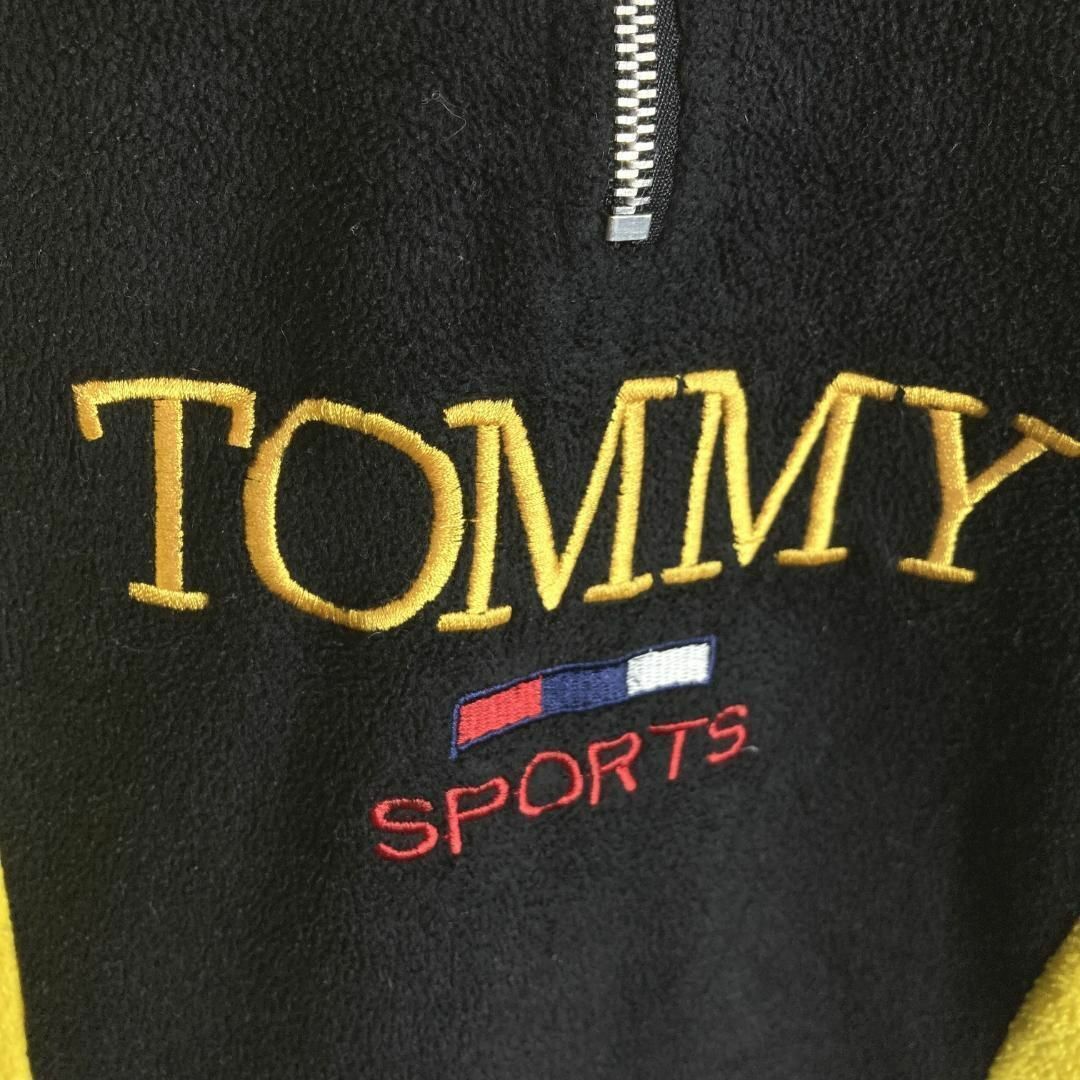 TOMMY(トミー)のUS古着 襟付きハーフジップトレーナー バイカラー 刺繍ロゴフリース黒 黄色XL メンズのトップス(スウェット)の商品写真