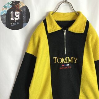 トミー(TOMMY)のUS古着 襟付きハーフジップトレーナー バイカラー 刺繍ロゴフリース黒 黄色XL(スウェット)