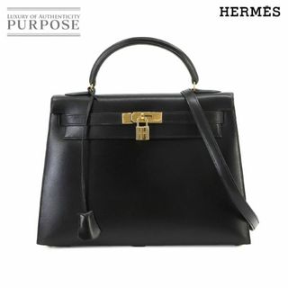 エルメス(Hermes)のエルメス HERMES ケリー 32 2way ハンド ショルダー バッグ ボックスカーフ ブラック 外縫い 〇A刻印 ゴールド 金具 VLP 90224210(ハンドバッグ)