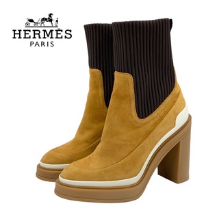 エルメス(Hermes)のエルメス HERMES ブーツ ショートブーツ ソックスブーツ 靴 シューズ スエード ファブリック バイカラー キャメル ブラウン(ブーツ)