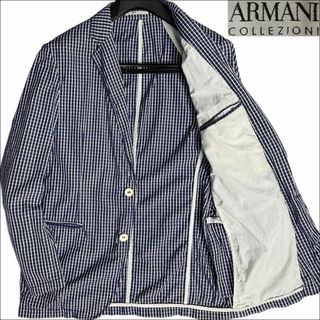 アルマーニ コレツィオーニ(ARMANI COLLEZIONI)のJ7415美品 アルマーニコレッツォーニ チェック柄アンコンジャケット 青 50(テーラードジャケット)