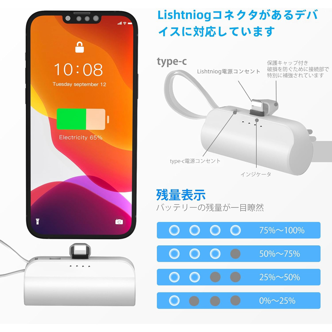 白色 PSE認証 モバイルバッテリー 5500mAh 二台同時直挿しType-C スマホ/家電/カメラのスマートフォン/携帯電話(バッテリー/充電器)の商品写真