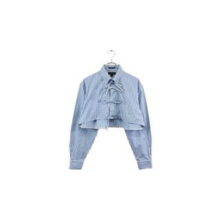 remake check ribbon shirt リメイク リボンシャツ 長袖 ボタンダウン チェック ブルー系 サイズ16-34 レディース ヴィンテージ 6(シャツ/ブラウス(長袖/七分))