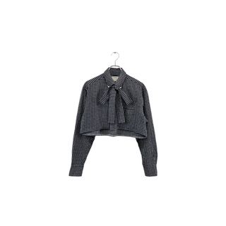 remake check ribbon shirt リメイク リボンシャツ 長袖 ボタンダウン ブラック系 サイズS J.CREW レディース ヴィンテージ 6(シャツ/ブラウス(長袖/七分))