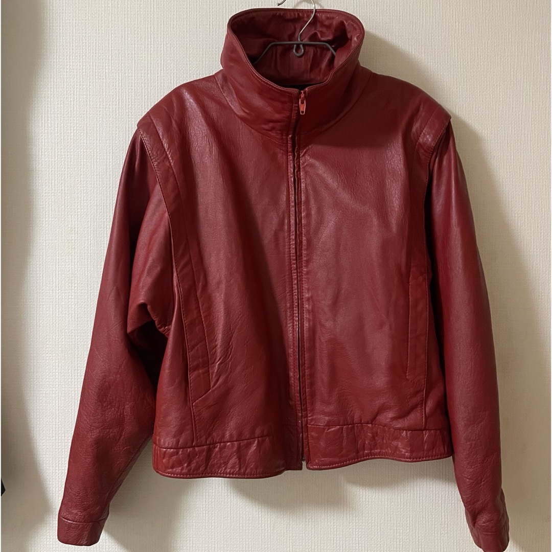 【希少】赤レザージャケット 古着 本革 スタンドネック メンズのジャケット/アウター(レザージャケット)の商品写真