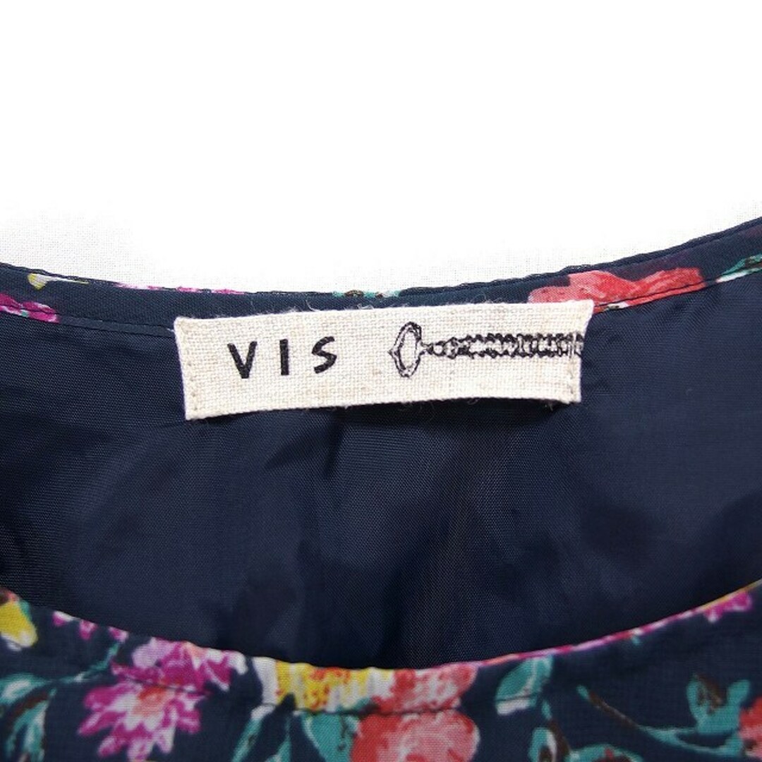 ViS(ヴィス)のビス ViS フラワープリント ワンピース フレア ひざ丈 フレンチスリーブ 紺 レディースのワンピース(ひざ丈ワンピース)の商品写真