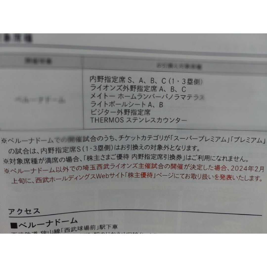 埼玉西武ライオンズ(サイタマセイブライオンズ)の西武株主優待･埼玉西武ライオンズ内野指定席引換券２枚(ベルーナドーム) チケットの優待券/割引券(その他)の商品写真