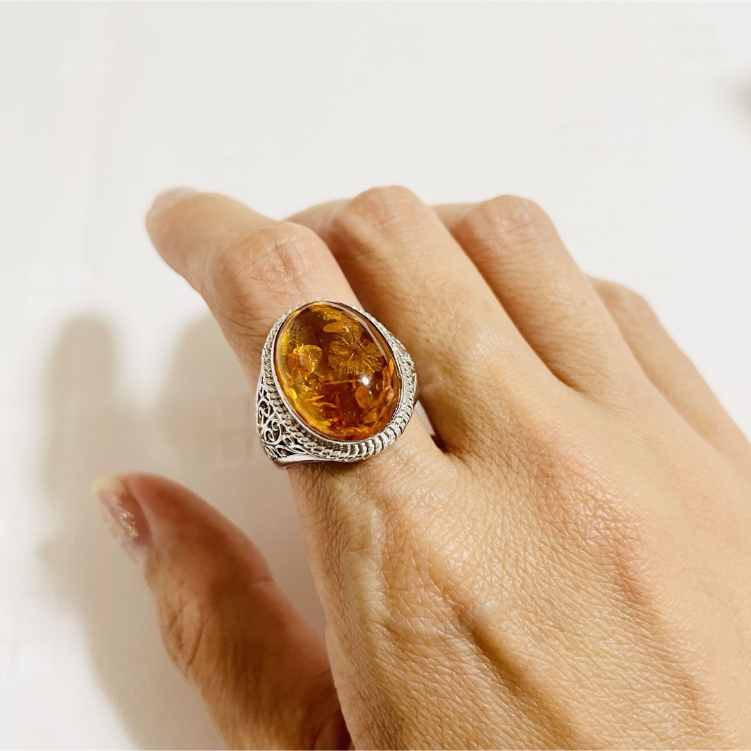 アンバー　琥珀 リング 指輪　シルバーリング　16.5号　シルバー　SV925 メンズのアクセサリー(リング(指輪))の商品写真
