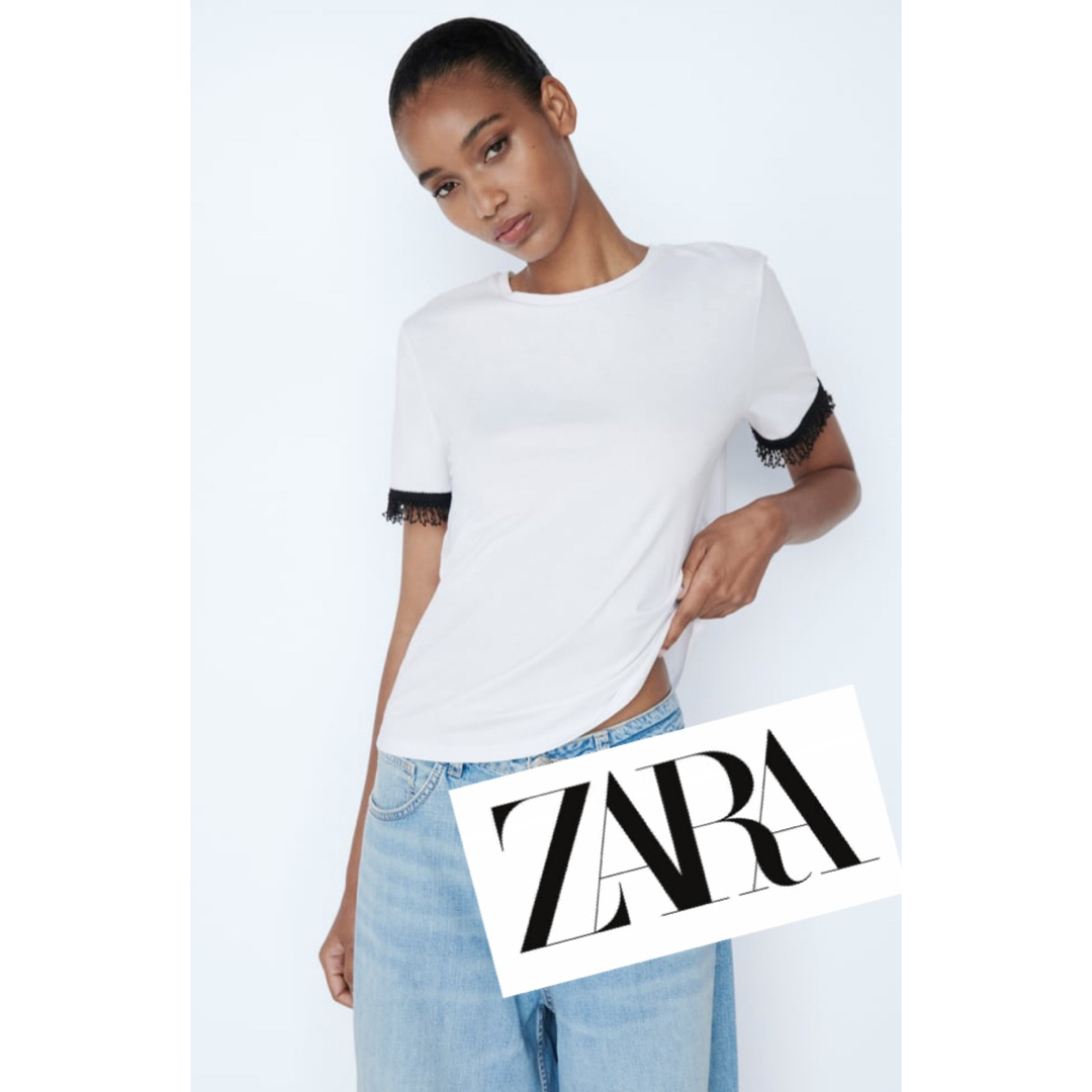 ZARA(ザラ)の新品　zara ザラ　デコラティブ　ビーズ　トリムスリーブ　Tシャツ　ビジュー レディースのトップス(Tシャツ(半袖/袖なし))の商品写真