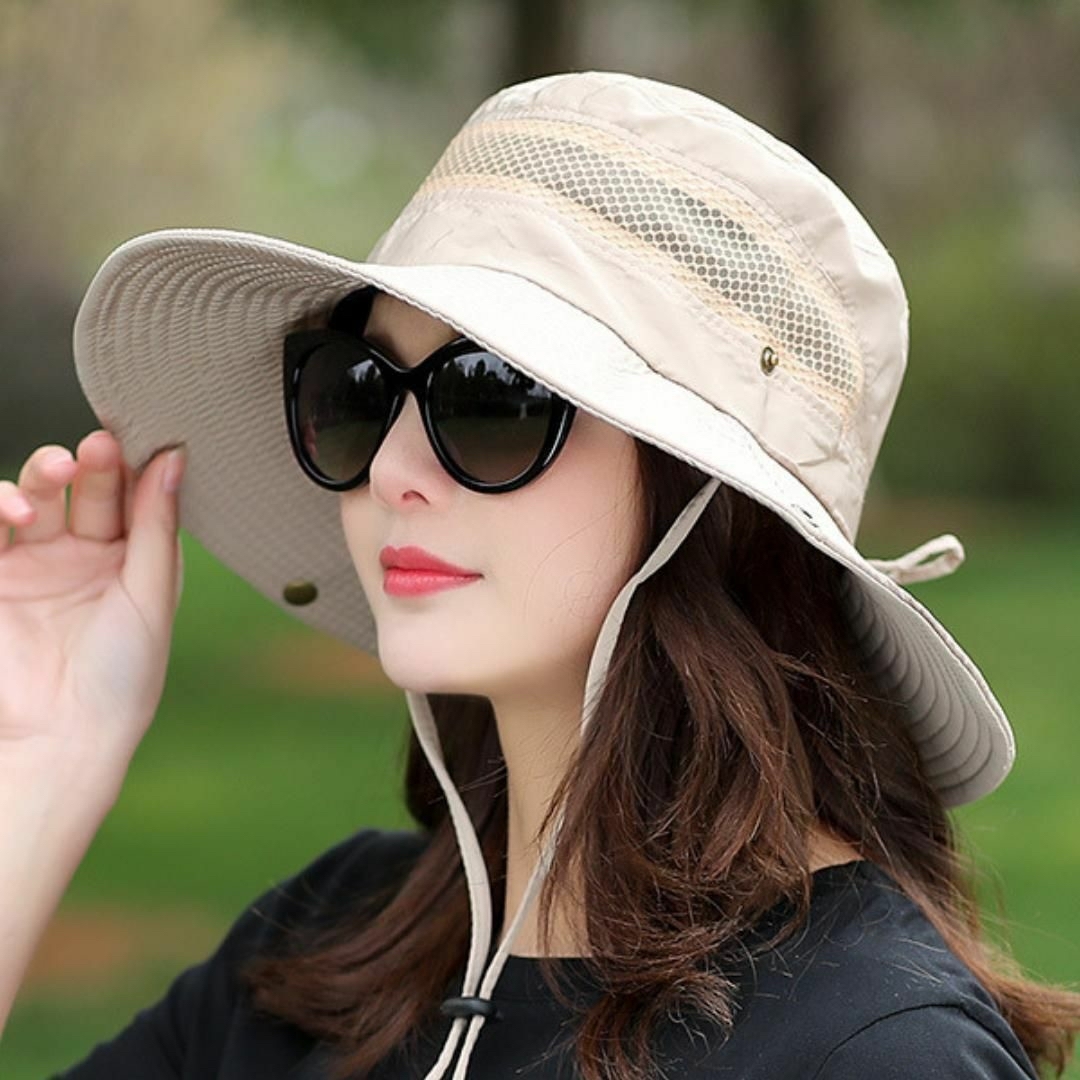 帽子 レディース つば広 日焼け防止 紫外線対策 サファリハット アイボリー レディースの帽子(ハット)の商品写真