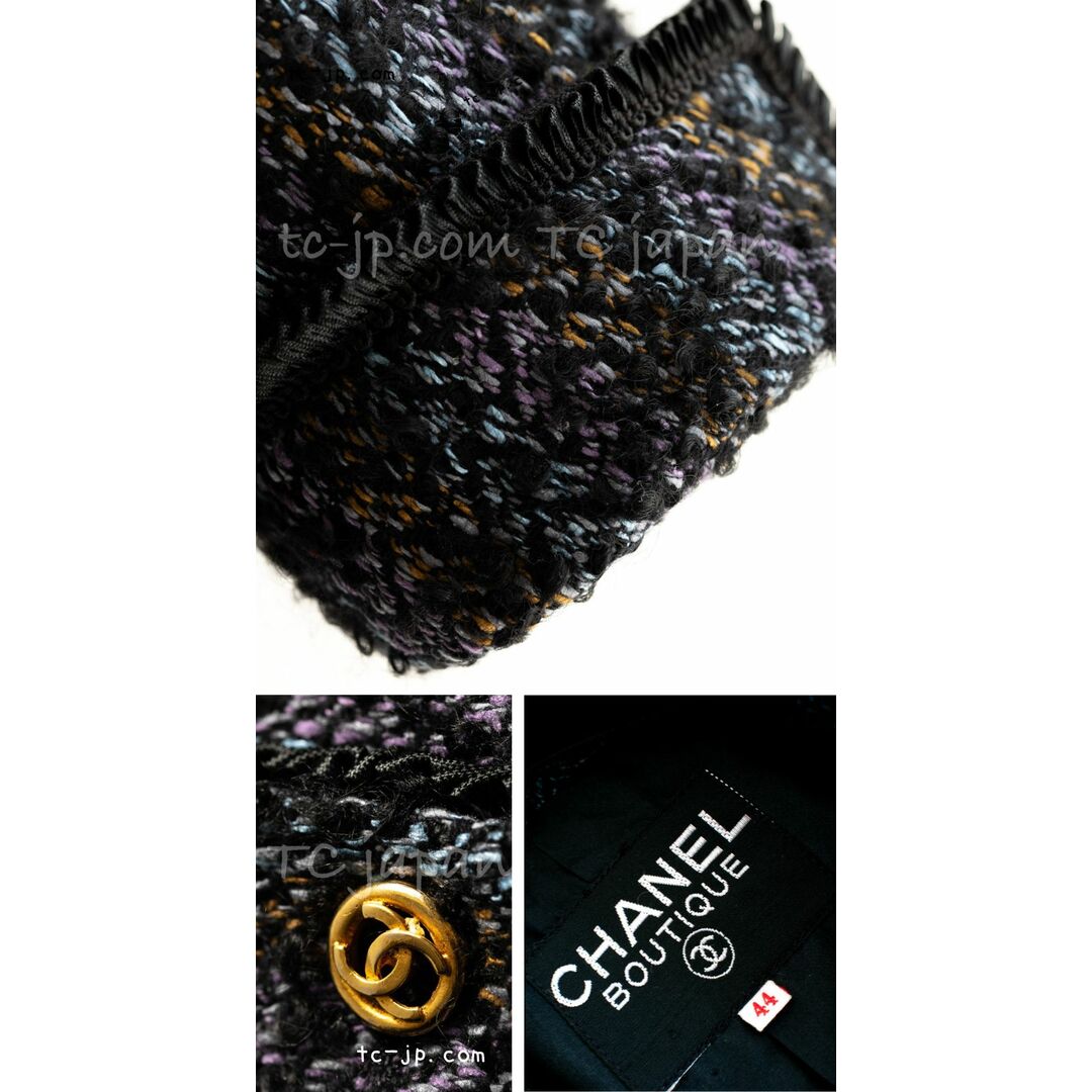 CHANEL(シャネル)の貴重すぎるカール初の作品 シャネル ヴィンテージ ブラック パープル ミックス ウール モヘア スタンドカラー ツイード ジャケット コート 42 44 レディースのジャケット/アウター(テーラードジャケット)の商品写真