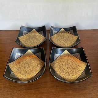 美品 角皿 金銀黒 中鉢 取り皿 銘々皿 先付 マット黒 千代久 料亭 4客(食器)