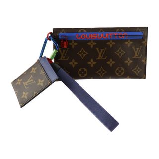 ルイヴィトン(LOUIS VUITTON)のLOUIS VUITTON ルイ ヴィトン モノグラム リボンポーチ ポーチ M63045 PVC レザー  ブラウン ブルー レッド マルチケース カードケース カラビナ 【本物保証】(その他)