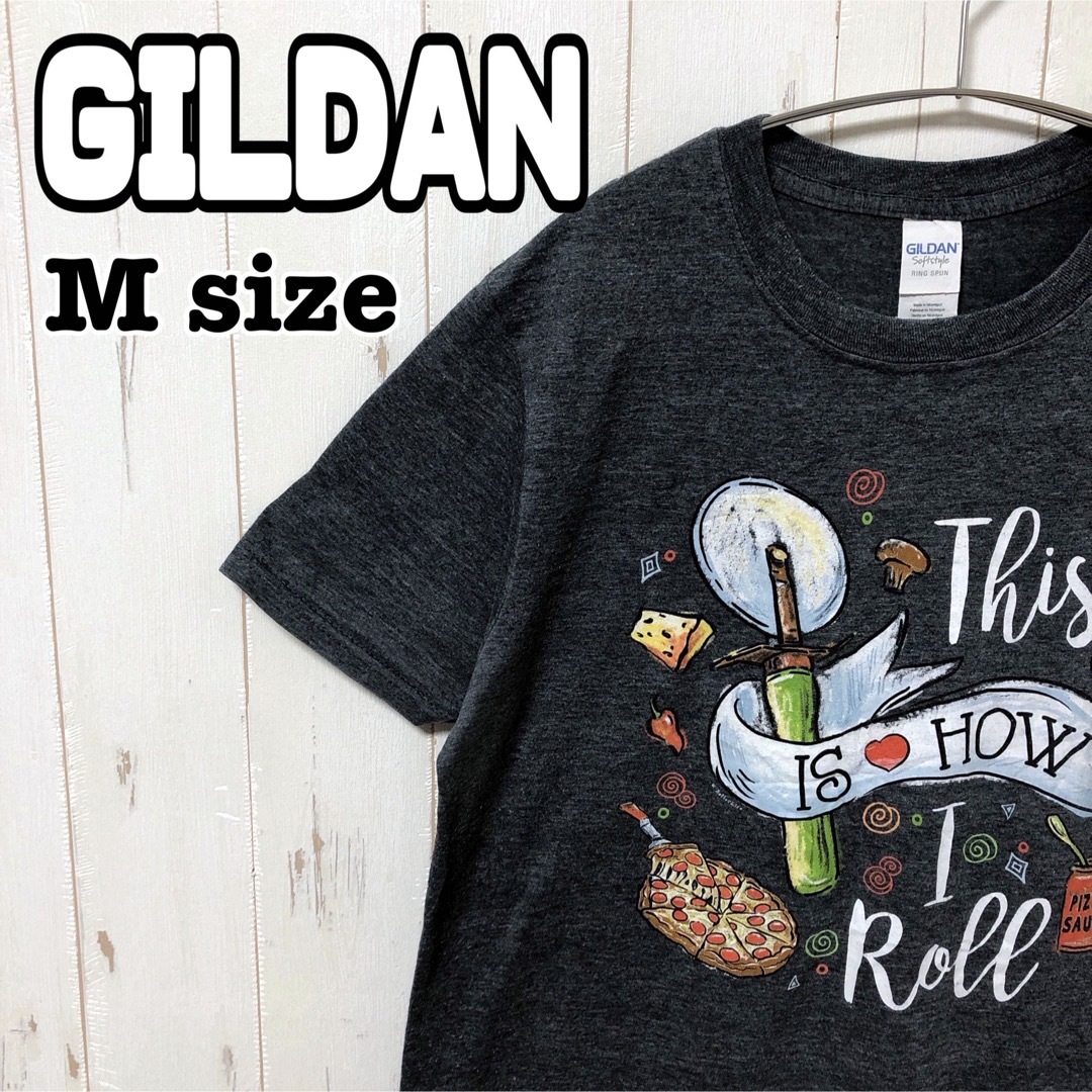 GILDAN(ギルタン)のGILDAN ギルダン ピザ イラスト プリントtシャツ 半袖 グレー 海外古着 メンズのトップス(Tシャツ/カットソー(半袖/袖なし))の商品写真