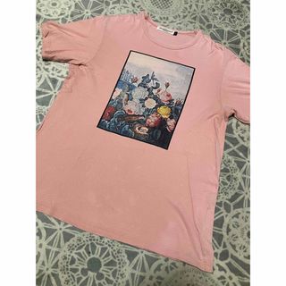 アンダーカバー(UNDERCOVER)のundercoverism ピンク　フラワー　絵画プリント　Tシャツ　サイズ3(Tシャツ/カットソー(半袖/袖なし))