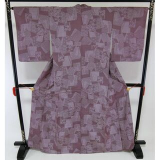 【Z8010】Ｓ大きいサイズお仕立て上がり正絹紬　灰色がかった紫色地に花柄(着物)