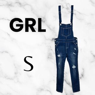 美品✨【GRL】デニムオーバーオール　スキニー　伸縮性　ダメージ加工　濃紺　M