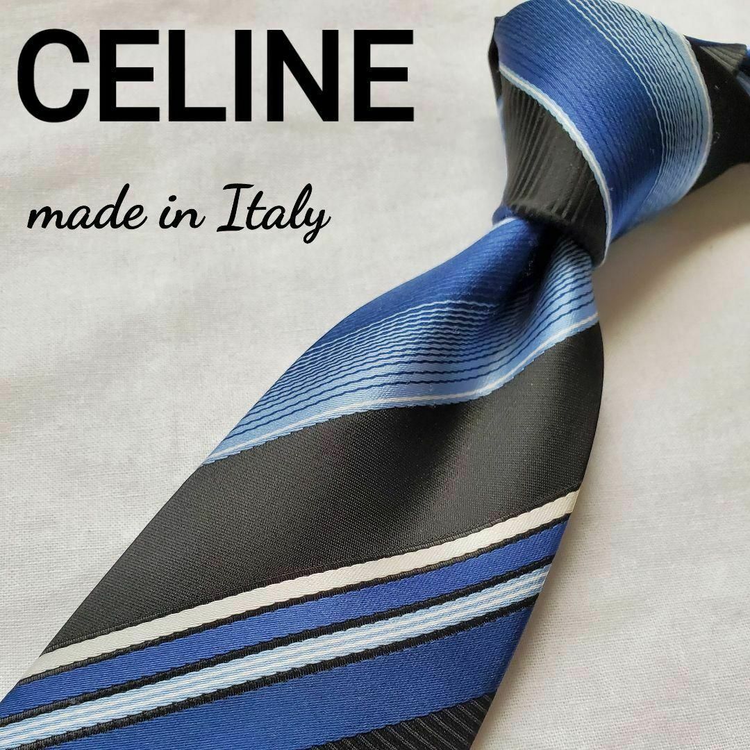 celine(セリーヌ)の美品　CELINE　セリーヌ　ブルー　ブラック　ストライプ　ネクタイ メンズのファッション小物(ネクタイ)の商品写真