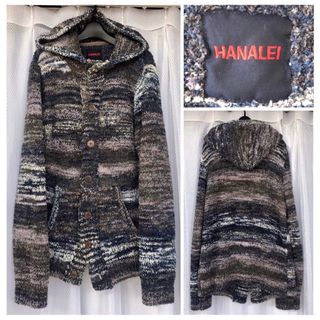 もこもこ★HANALEI フード付ロングコート グレー系ボーダー アウター(ロングコート)