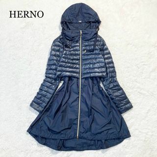 ヘルノ(HERNO)の【極美品】HERNO ヘルノ 異素材切替 フーデッド ライトダウンコート 40(ダウンジャケット)