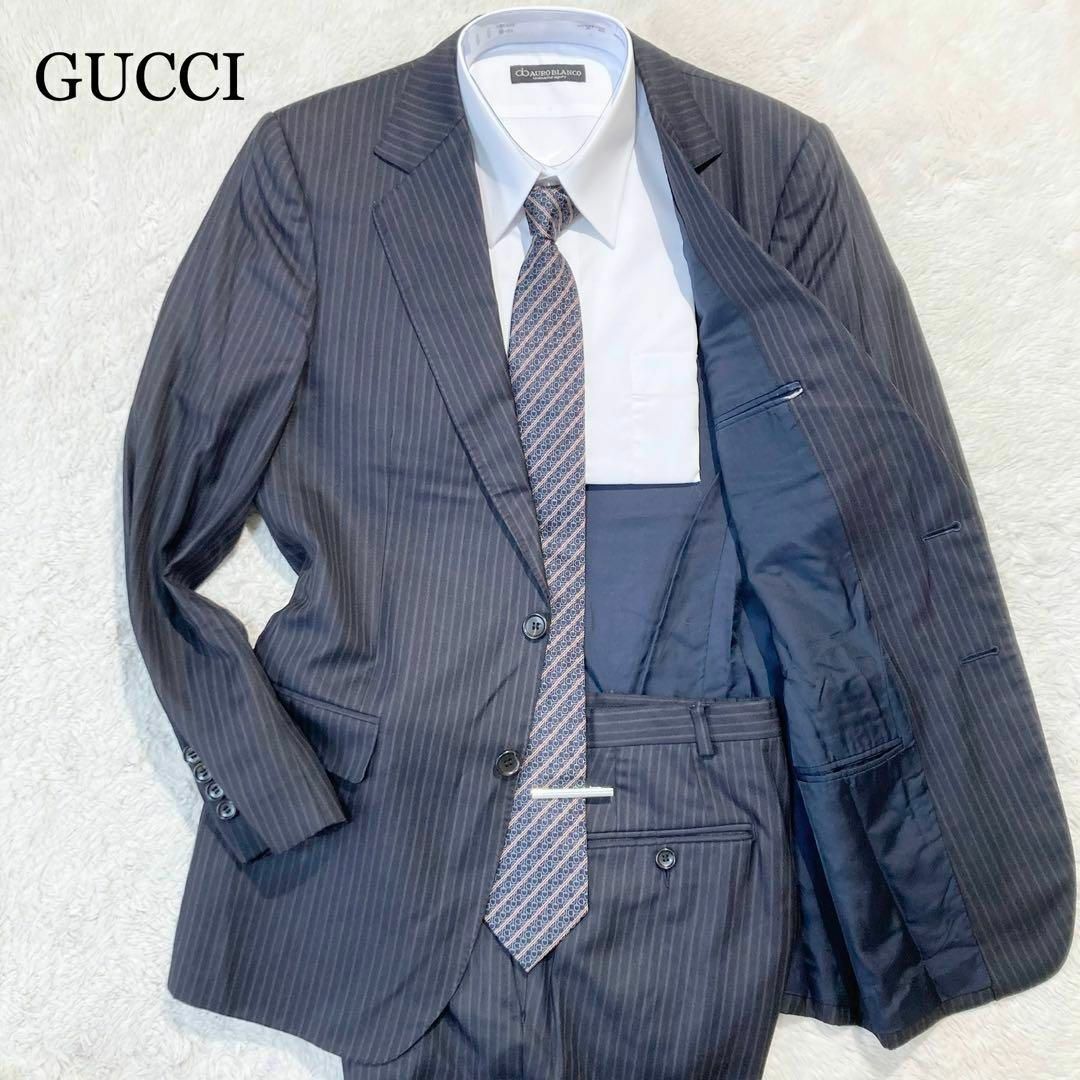 Gucci(グッチ)の【極美品】GUCCI グッチ 紺 濃紺 ネイビー ストライプ 総裏 46R M メンズのスーツ(セットアップ)の商品写真