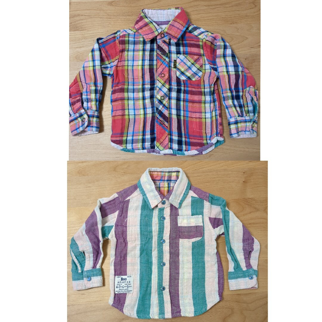 F.O.KIDS(エフオーキッズ)のリバーシブルシャツ☆ストライプ✖チェック　80 キッズ/ベビー/マタニティのベビー服(~85cm)(シャツ/カットソー)の商品写真