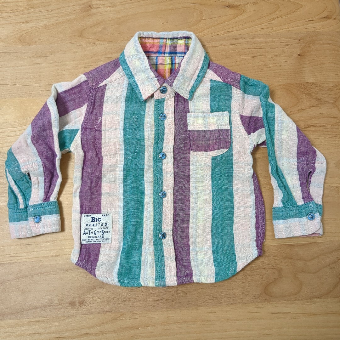 F.O.KIDS(エフオーキッズ)のリバーシブルシャツ☆ストライプ✖チェック　80 キッズ/ベビー/マタニティのベビー服(~85cm)(シャツ/カットソー)の商品写真