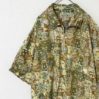 ナチュラルヴィンテージ(natuRAL vintage)のポロシャツ 半袖 ハーフジップ モザイク アート 総柄 L ヴィンテージ(ポロシャツ)