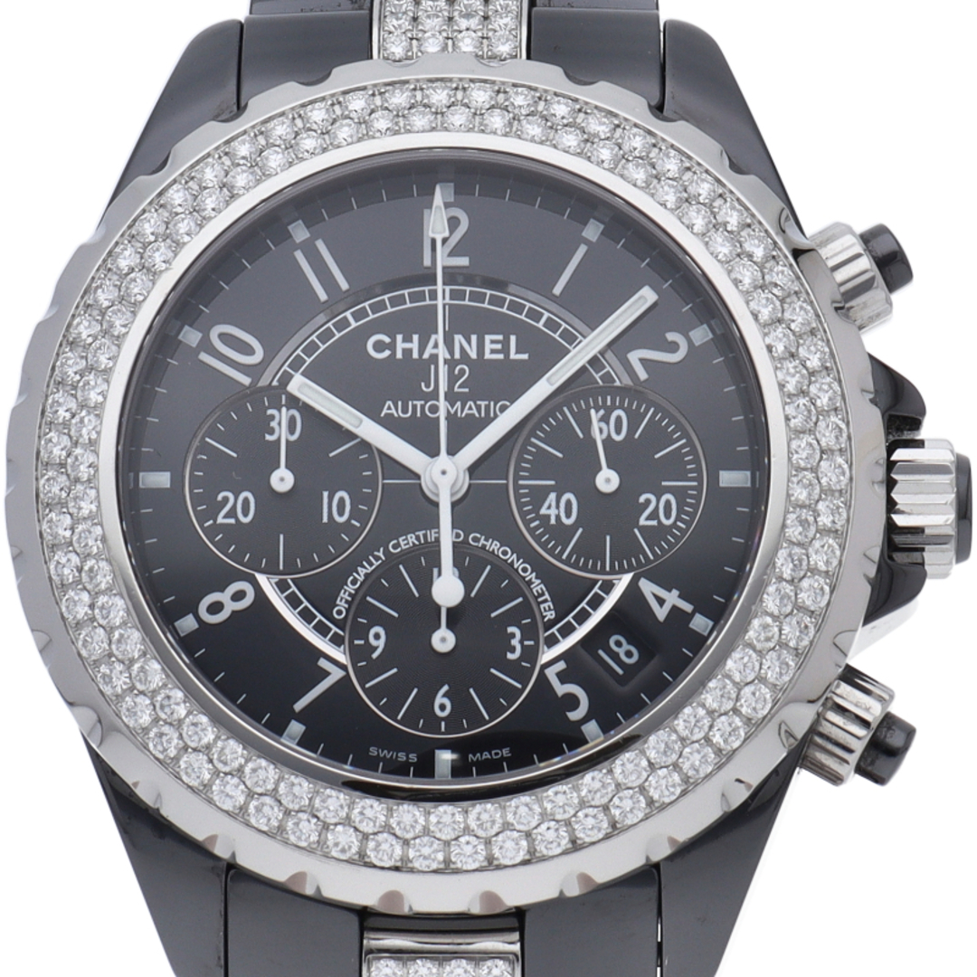 CHANEL(シャネル)のシャネル J12 ウォッチ 41mm クロノグラフ ダイヤベゼル ダイヤブレスレット J12 41mm Chronograph H1706 保証書 修理書 1駒 SS/セラミック メンズ時計 ブラック 仕上げ済 美品 【中古】 メンズの時計(その他)の商品写真