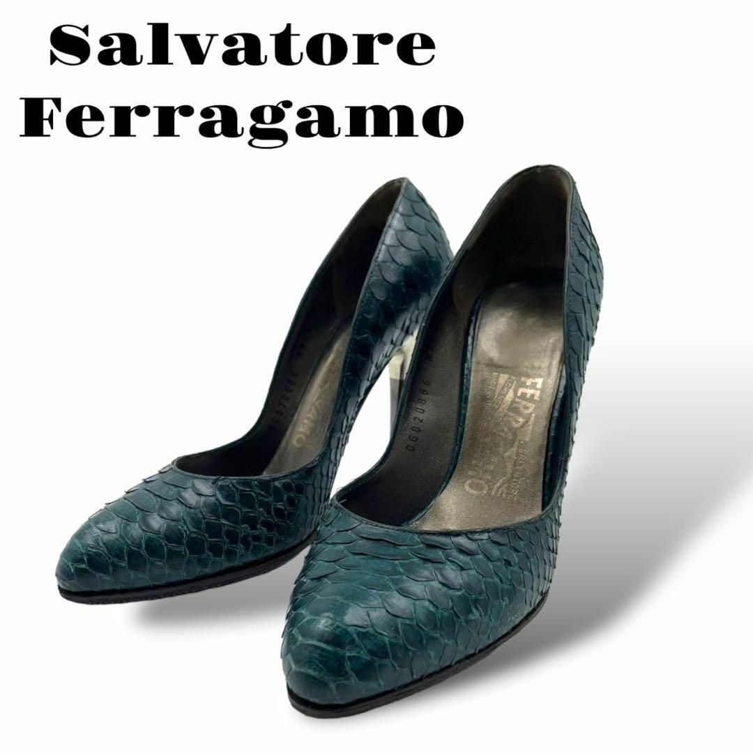 Salvatore Ferragamo(サルヴァトーレフェラガモ)の良品 サルヴァトーレ フェラガモ パンプス ヒール パイソン 蛇革 グリーン レディースの靴/シューズ(ハイヒール/パンプス)の商品写真