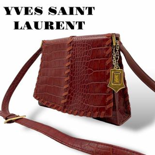 イヴサンローラン(Yves Saint Laurent)の希少 イヴサンローラン ショルダーバッグ クロコ 型押し 編み込み レザー 赤(ショルダーバッグ)