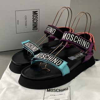 モスキーノ(MOSCHINO)の5f26 《極美品》 MOSCHINO モスキーノ レザー スポーツサンダル 43 ブラック ロゴテープ ベルクロ シューズ マルチ 箱等付属 スペイン製(サンダル)