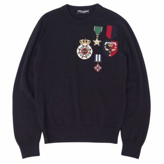 ドルチェアンドガッバーナ(DOLCE&GABBANA)の美品 ドルチェ&ガッバーナ DOLCE&GABBANA ニット セーター クルーネック パッチ ミドルゲージ ウール トップス メンズ イタリア製 46(S相当) ブラック(ニット/セーター)