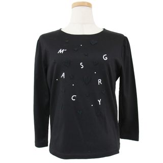 エムズグレイシー(M'S GRACY)の美品 MS GRACY エムズグレイシー Tシャツ カットソー ブラック 黒 サイズ:38(M) ロンT 長袖 パフスリーブ ハート スター 星 ロゴ 刺繍 ラインストーン セルロース コットン 日本製 ブランド トップス【レディース】【中古】(シャツ/ブラウス(長袖/七分))