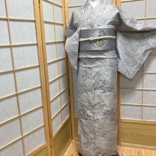 ［8674］白大島紬 美品 雲取り 風景文様 正絹 着物 袷 グレー(着物)