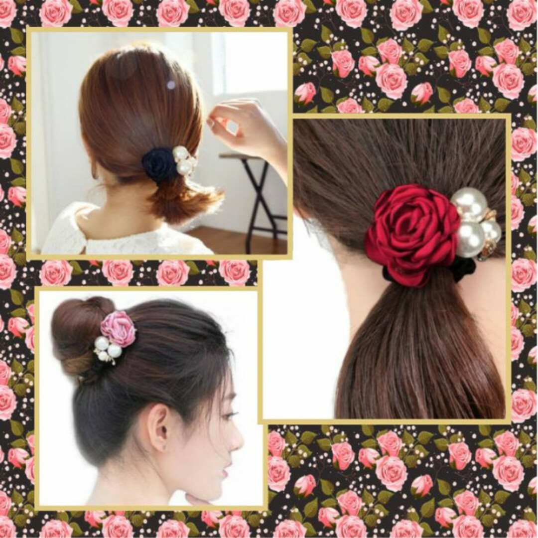 ヘアゴム ローズ パール ピンク 花 韓国 パーティー バラ ブライダル 薔薇 レディースのヘアアクセサリー(ヘアゴム/シュシュ)の商品写真